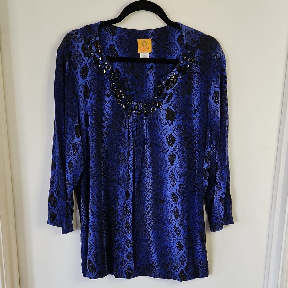Ruby Rd. Blue Embellished 3/4 Sleeve Blouse